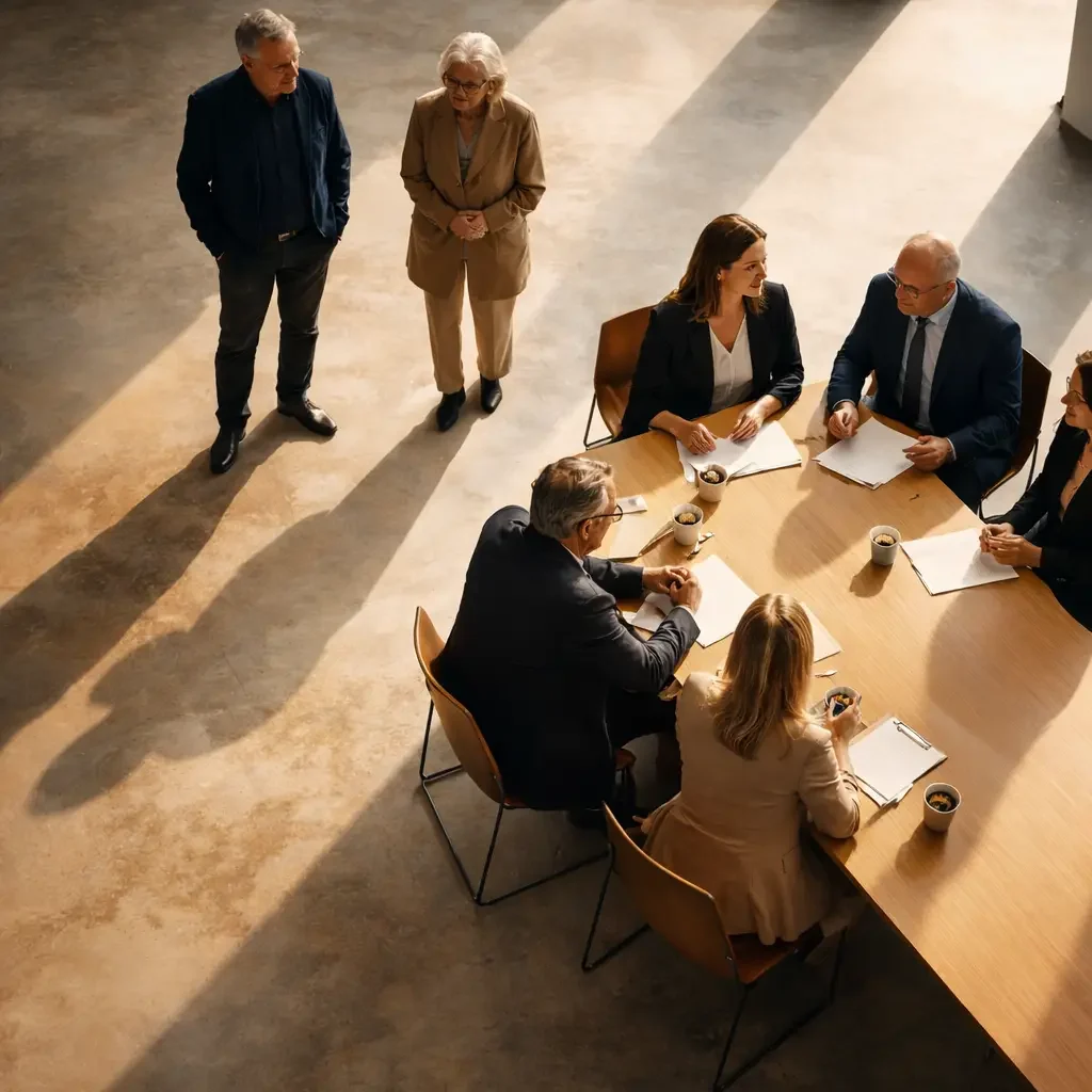 Familie an einem Tisch und teilweise stehend, steht für Grundstück einer Erbengemeinschaft in der Metropolregion Hamburg verkaufen und Baugrundstück verkaufen