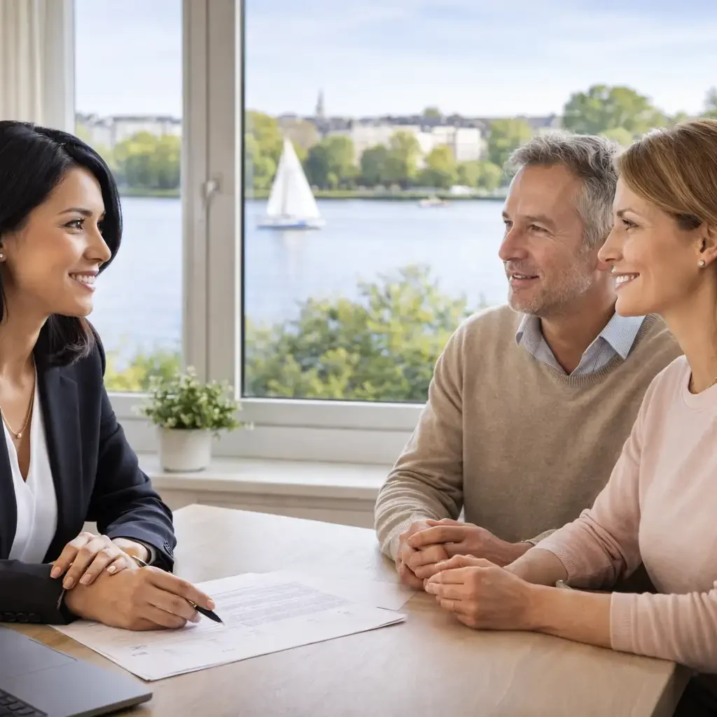 Besprechung in Harvestehude mit Blick auf die Außenalster, als Symbolbild für Erbengemeinschaft eine Immobilie verkaufen –  Mehrfamilienhaus im Raum Hamburg verkaufen und Mietshaus im Großraum Hamburg verkaufen