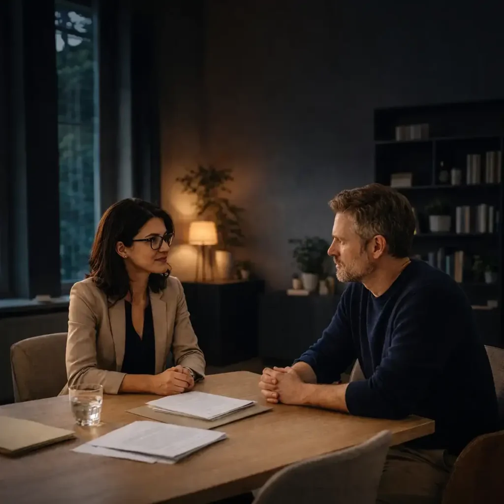 Notarin mit Investor an einem Tisch, symblisch für Bauerwartungsland im Großraum Hamburg verkaufen und Baugrundstück verkaufen